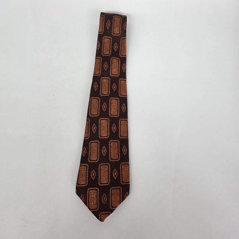 VINTAGE 60s 70s Majestic Acetate Brown Geometric Block Tie Wrinkleproof France